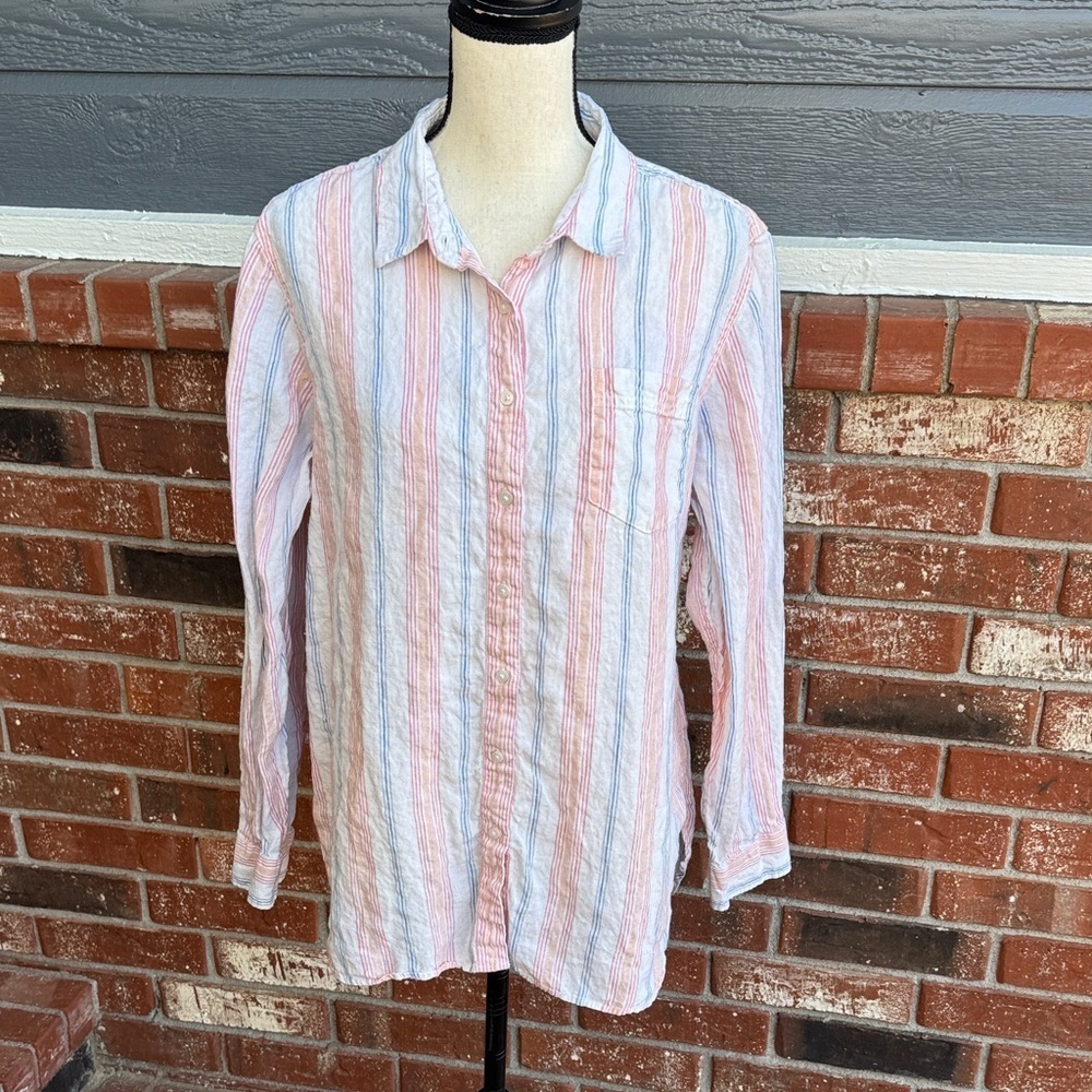 L.L. Bean Blue White Striped 100% Linen Long Sleeve Tunic Shirt XL Extra Large